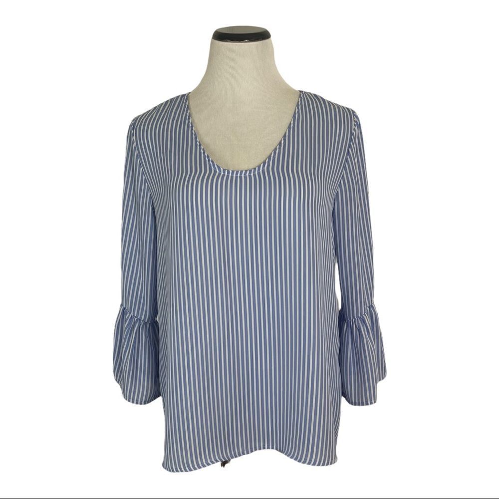 Como Vintage Women’s Size S Top Blouse 3/4 Peplum Sleeves White Blue Stripes.